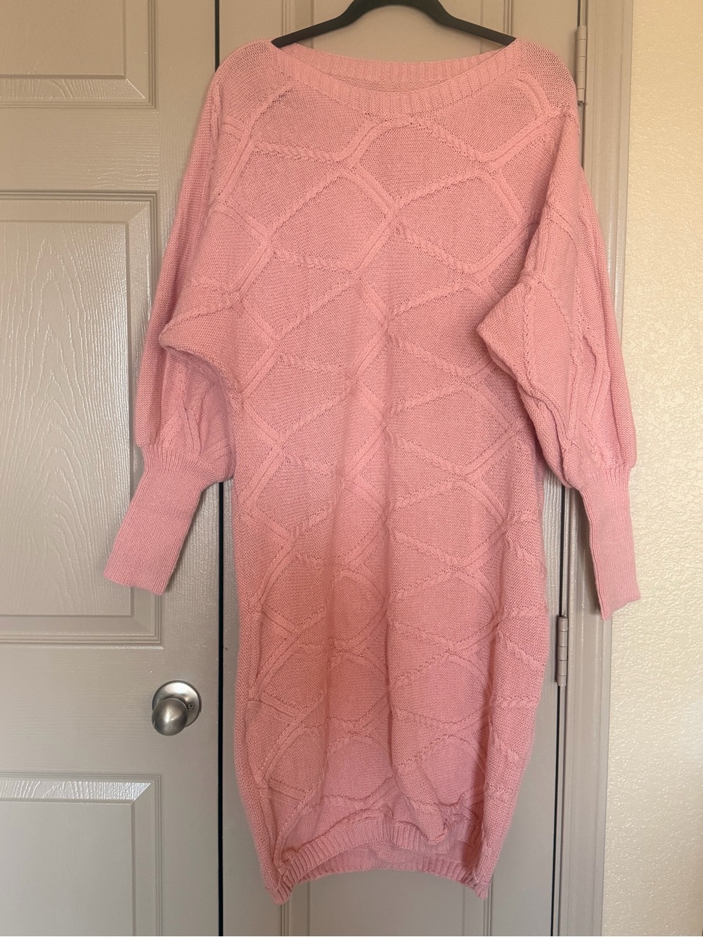 Pink Cable-Knit Balloon Sleeve Sweater Dress